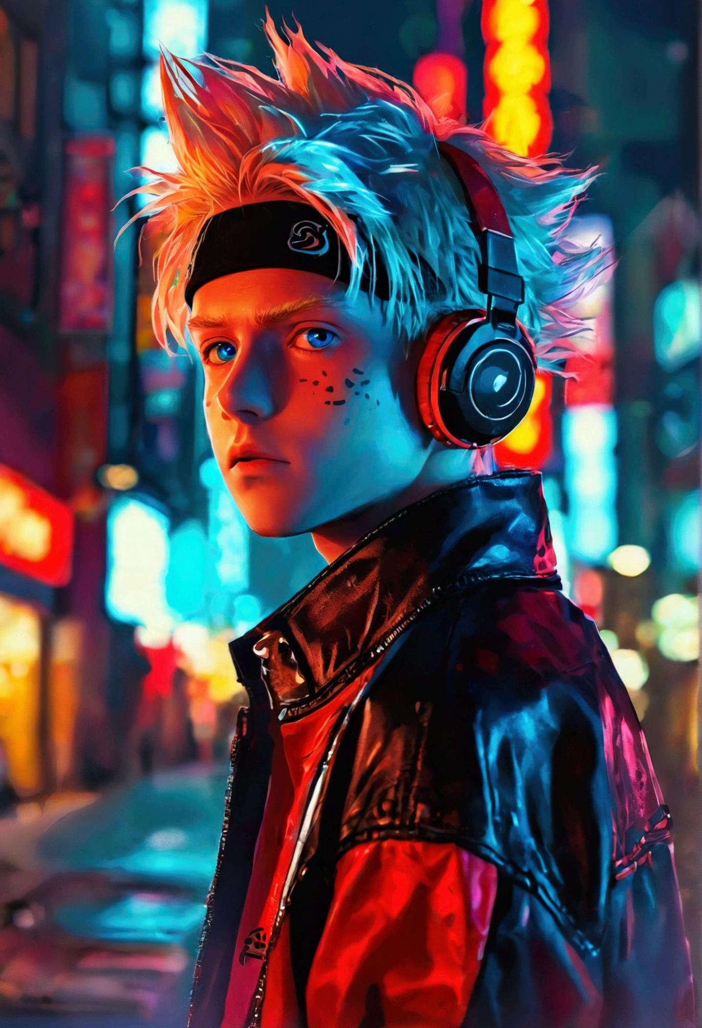 portrait, neon, 1 boy, shonen style, spiky blonde hair, scratches on cheeks, black and red clothing, leather jacket, jeans, boots, bandana with leaf symbol, perfect eyes, cool, blue eyes, full body, color --name Naruto Uzumaki --night background city with futuristic buildings and holograms add a mask, add a headphone. Face ko zoom character is a straight in pose 