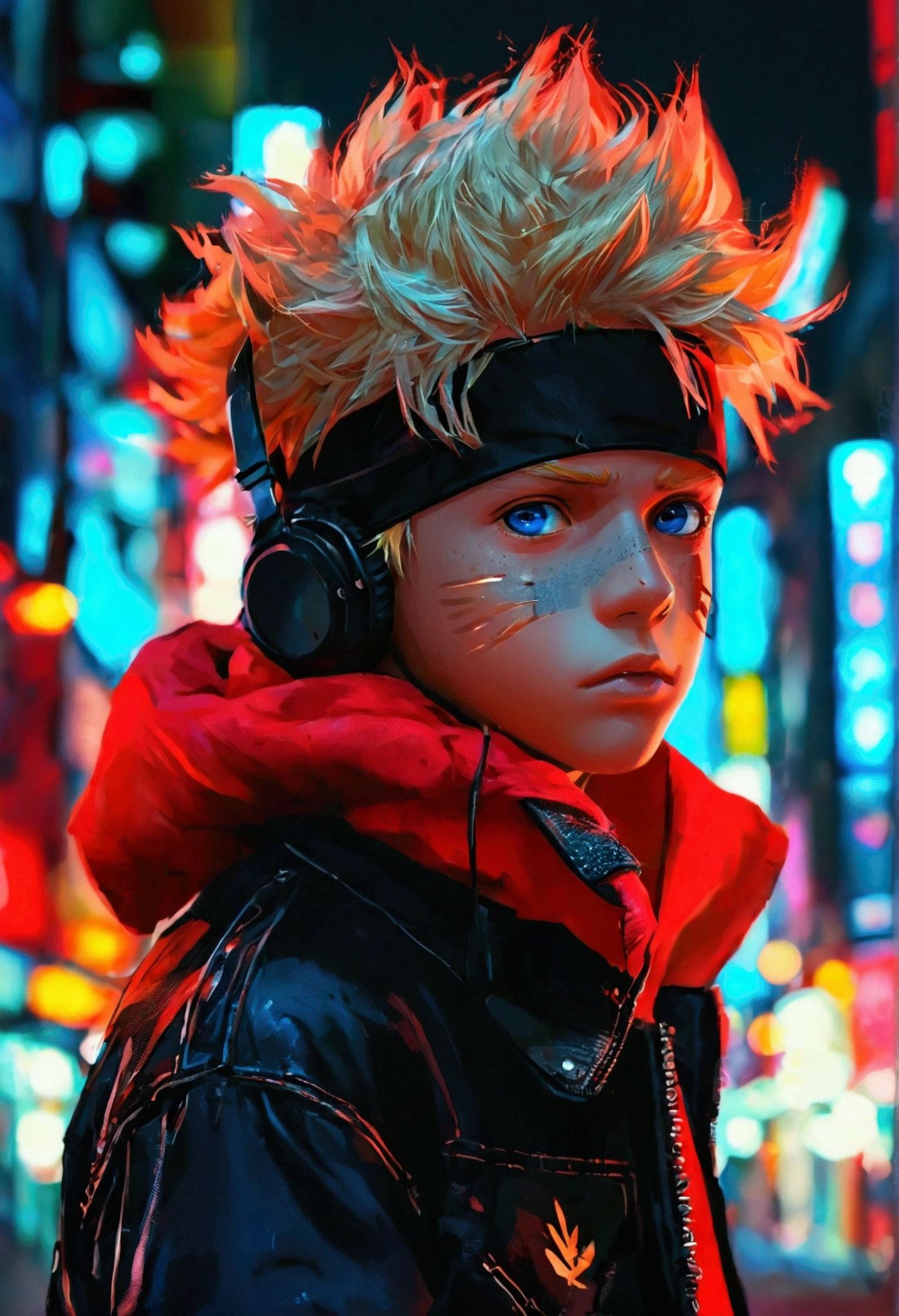 portrait, neon, 1 boy, shonen style, spiky blonde hair, scratches on cheeks, black and red clothing, leather jacket, jeans, boots, bandana with leaf symbol, perfect eyes, cool, blue eyes, full body, color --name Naruto Uzumaki --night background city with futuristic buildings and holograms add a mask, add a headphone. Face ko zoom character is a straight in pose 