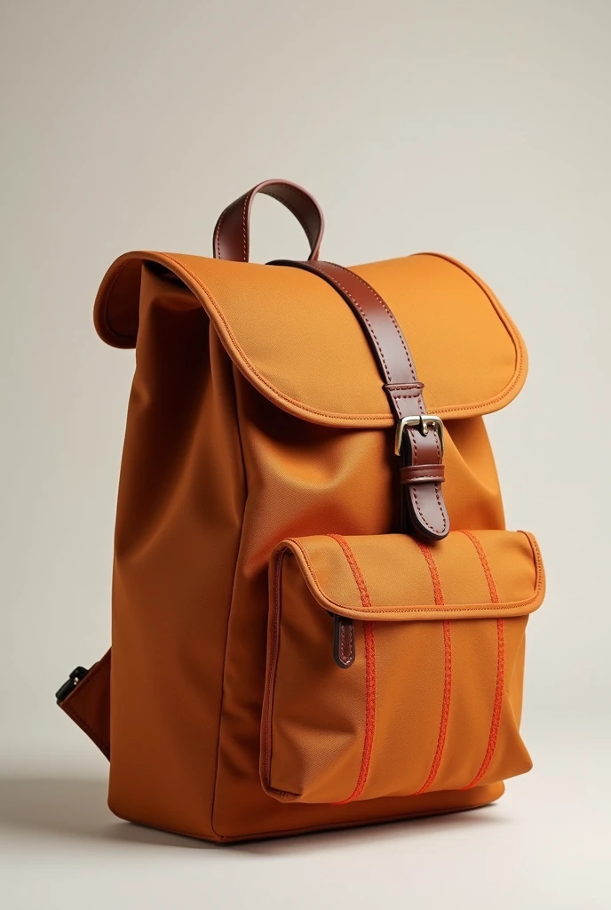 Backpack with dimensions: high: 39 cm x Width: 25 cm x Produced: 13 cm, soft brown color and orange threads, Without design