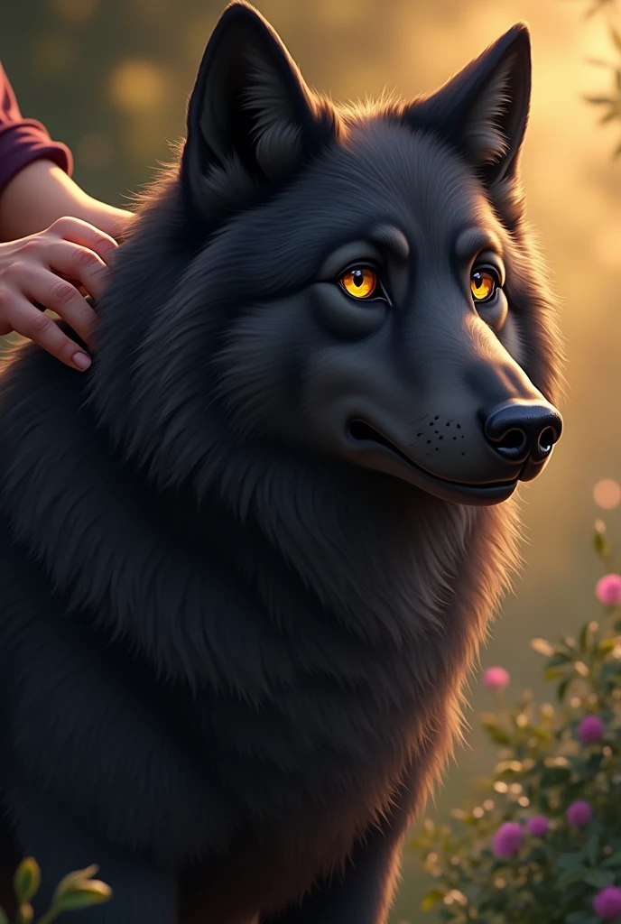 Make a picture of a dog (black wolf) being groomed and happy