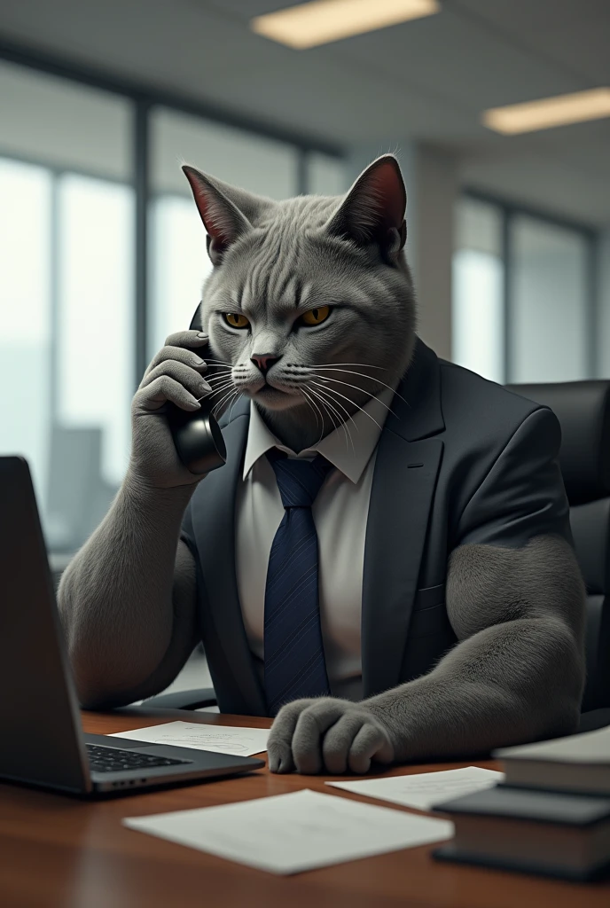 Adult Gray cat is muscular, he is like a human, his hands are like a human's. He is sitting at work in the office and then his wife calls.
