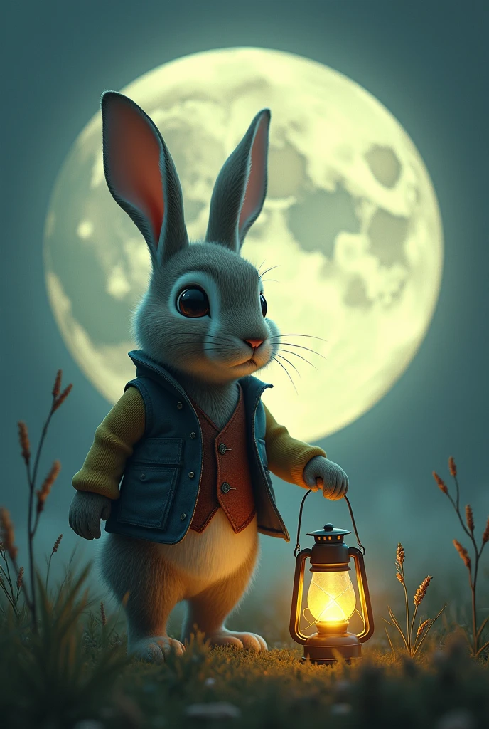 Big full moon moon rabbit wearing small vest holding lantern glowing surrealism
