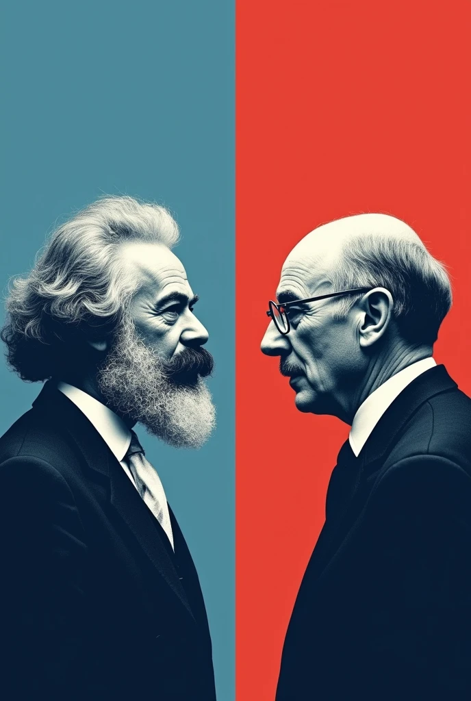 generate a YouTube thumbnail image with a picture of marx VS hayeck. 
Marx can make a blue background in the middle VS Hayeck make a red background 