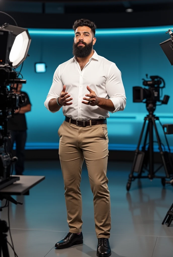 There is a muscular, bearded, mixed-race Brazilian man in a white dress shirt, Khaki Pants, Bulge, bulging volume marking the pants, black shoe, looking at a cameraman in front of him, gesturing, in a TV news, in a large journalism studio of a TV channel.