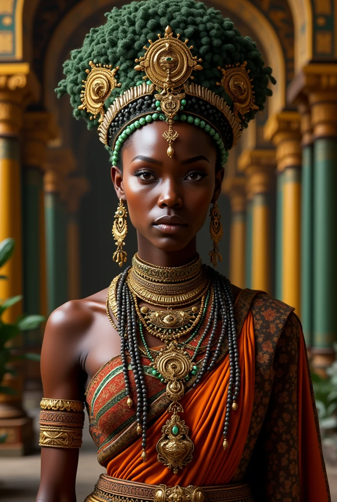 Generer une image d'une femme actrice africaine en tenue africaine de reine