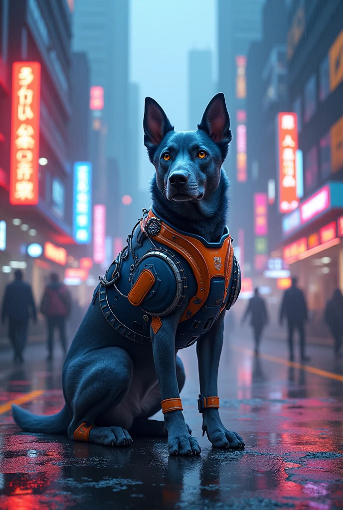 Dog charcher with blue orange bodikit in siberpunk city with neon lights and wet ground