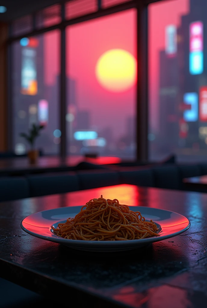 Noodles are placed on a plate on the table, it is
a cybefpunk restaurant, it is sunset time.