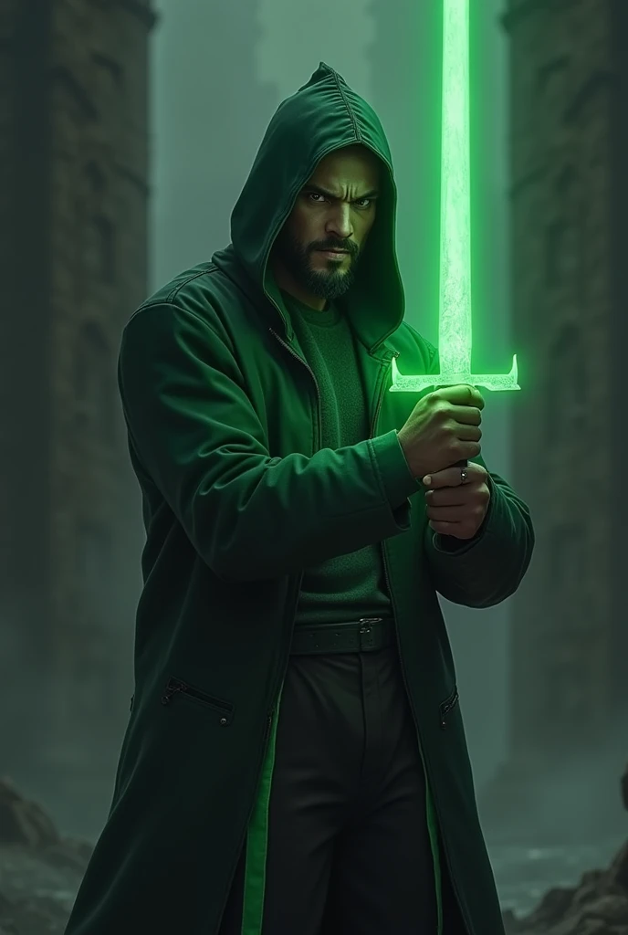 Person with dark skin, Green coat with hood over head, Black pants with green stripes holding a dark sword with green glow in the background, small beard on the chin, castle braid hair dark background all realistic