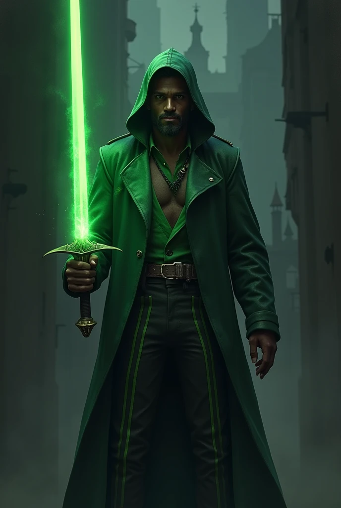 Person with dark skin, Green coat with hood over head, Black pants with green stripes holding a dark sword with green glow in the background, small beard on the chin, castle braid hair dark background all realistic