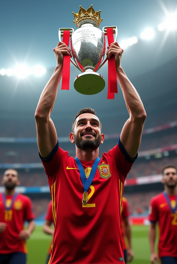 Generate a photorealistic image of Dani Carvajal with Spain wearing the number 2 lifting the Euro Cup