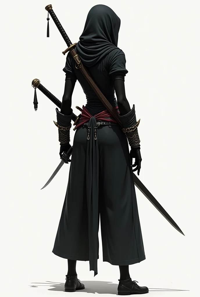 Thin warrior, black dress, with a sword on his back, a knife under the left wrist, as in assessing creed, and a chain wrapped around the right wrist, with wide pants, and the clothing on top, that it be ninja style