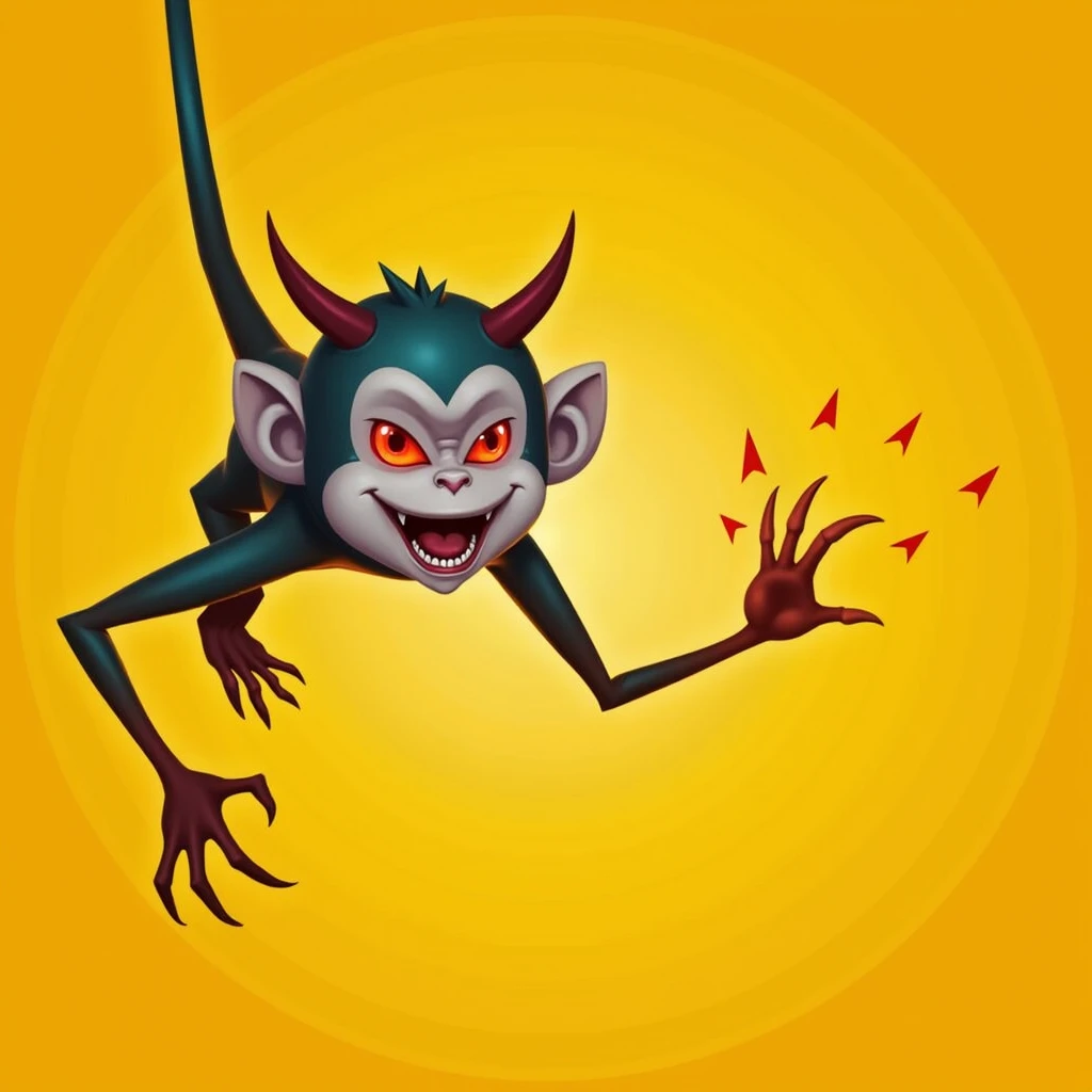 "A monkey with horns and a devil&#39;s tail, with glowing red eyes and a mischievous smile, sitting on a dark stone throne, with a gloomy and mysterious atmosphere around."