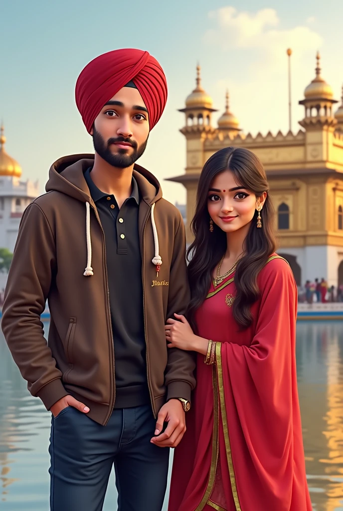 a20years punjabi boy sir pe lal coolar ki turban pero me jute black coolar ke or hoodie pehan ke rakhi ho or hoodie pe name likha ho poorav ek pass me punjabi girl khadi ho hath pakad kr amritsar gurdawrabackgruand kbord pe name likha ho ,poorav and or The name of two people is written in the back of the Bod.in poorav and simran, me bethe ho dono girl and boy