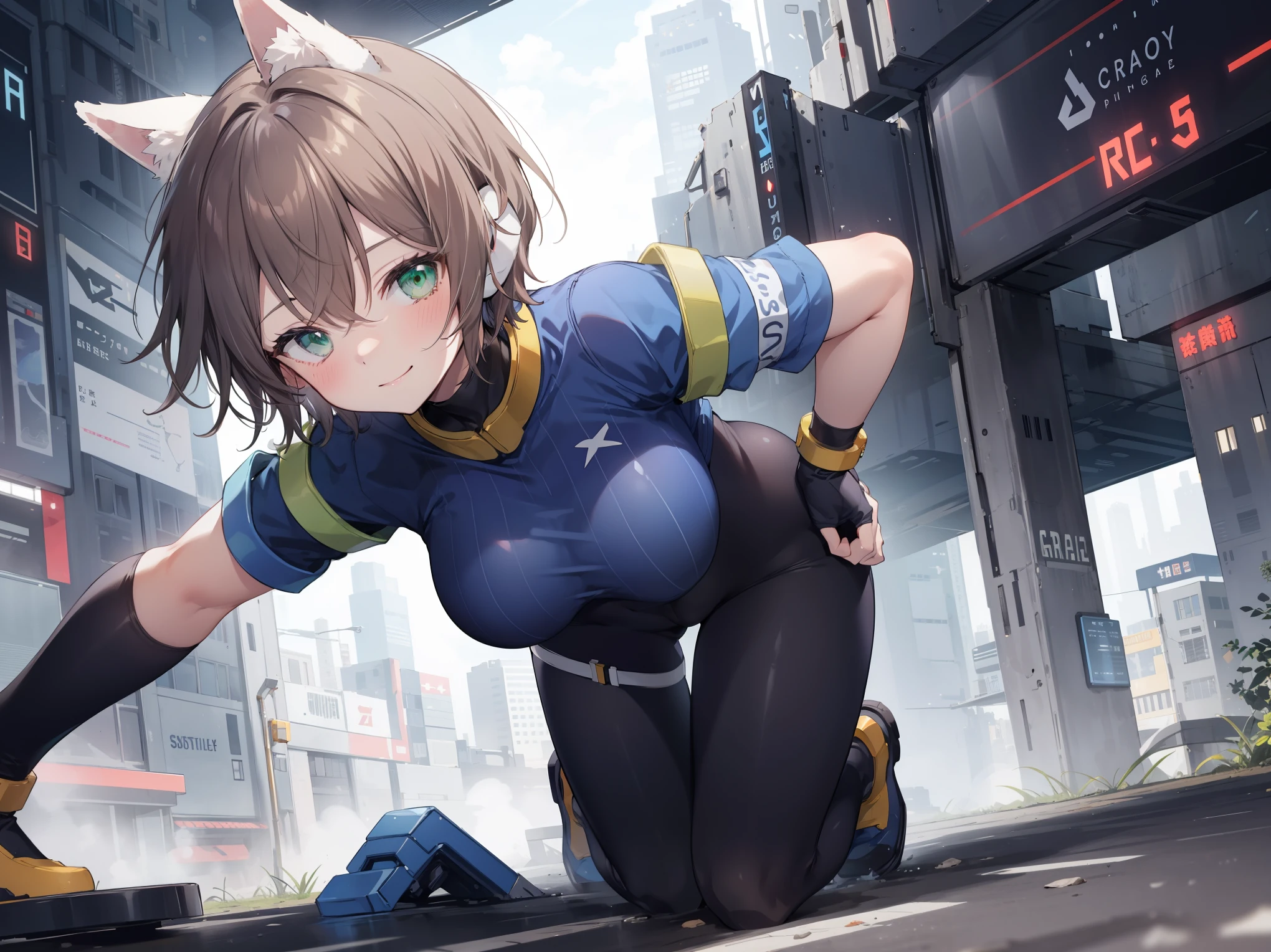 aile_megamanzx, kneeling with hands on the ground and , 1girl, solo, short hair, brown hair, short sleeves, (bodysuit), robot ears, green eyes, short_shorts, short sleeves, short over long sleeves, smile, in futuristic city, , high quality, large_breasts,crotch, slouch,on_all_fours,