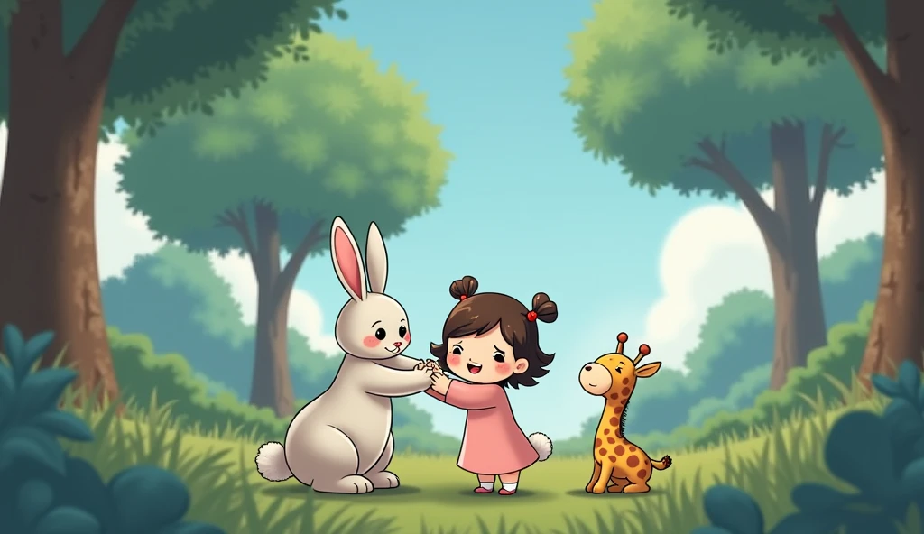 A little cartoon girl in pink, a rabbit hugs her next to her, and a stuffed giraffe stands next to her