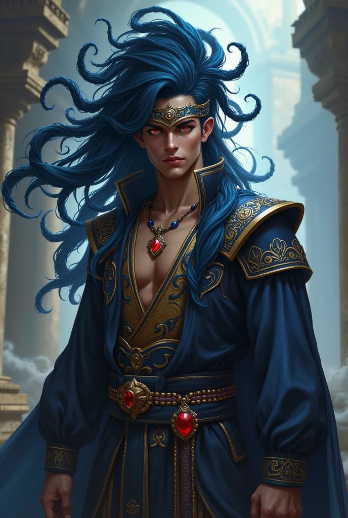 League of legends style, dark blue dreadlocks in the shape of tentacles, Dreadlocks in the form of tentacles should be left with the ends of the hair facing upwards, ancient warrior clothes, emperor clothes, masculine, young man without many muscles, no bear, black clothes, red jewel pendant on neck, clothes that show the body, mask in the face, one yellow hair and one red hair, the dreads must have the same shape as the previous image, but it must be suspended upwards, the dreads must be all over the hair, there can be no locks without dreadlocks, uma iris vemelha e outra iris amarela, mascara cobrindo uma parte do olho