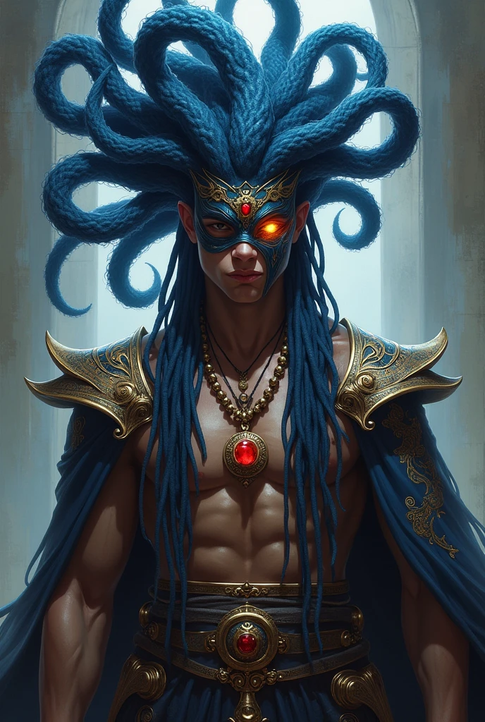 League of legends style, dark blue dreadlocks in the shape of tentacles, Dreadlocks in the form of tentacles should be left with the ends of the hair facing upwards, ancient warrior clothes, emperor clothes, masculine, young man without many muscles, no bear, black clothes, red jewel pendant on neck, clothes that show the body, mask in the face, one yellow hair and one red hair, the dreads must have the same shape as the previous image, but it must be suspended upwards, the dreads must be all over the hair, there can be no locks without dreadlocks, uma iris vemelha e outra iris amarela, mascara cobrindo uma parte do olho