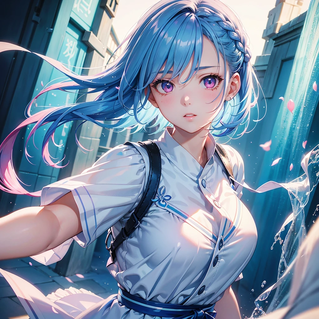 Sky blue hair、Braided Short Hair、Pink Eyes、Fair skin、whole body、Cultural Festival、School、Schoolの服、masterpiece、Highest quality、Very detailed、Best Shadow、Detailed Background、Beautifully detailed face、High Contrast、Best lighting、Very delicate and beautiful、Cinematic Light、Hyper Detail、8k、Dramatic Light、Exquisite detail、