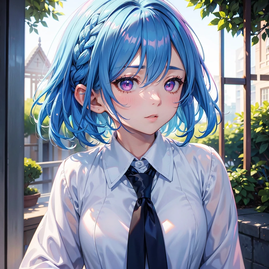 Sky blue hair、Braided Short Hair、Pink Eyes、Fair skin、whole body、Cultural Festival、School、Schoolの服、masterpiece、Highest quality、Very detailed、Best Shadow、Detailed Background、Beautifully detailed face、High Contrast、Best lighting、Very delicate and beautiful、Cinematic Light、Hyper Detail、8k、Dramatic Light、Exquisite detail、