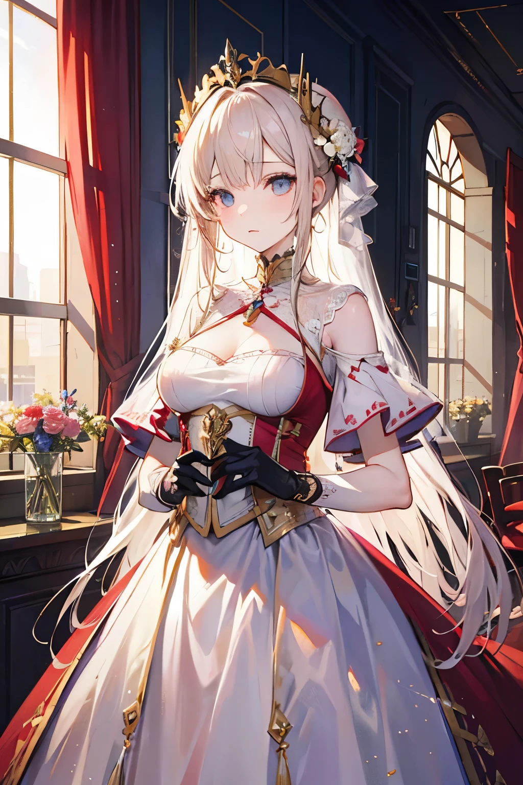 Artistic AI Art Galaxy(masterpiece:1.2, Highest quality), (Beautiful, detailed eyes: 1.2), High resolution, (Beautifully detailed face), (One girl:1.2), Blake: A figure in a red and white dress with gold trim.、Standing in front of a window with red curtains and gold ornaments。. The dress is gorgeous and sophisticated., Multi-layer structure. This character has long, flowing hair with flowers, Wearing gloves. She has a noble and delicate character.. The light coming in through the window creates a fantastic atmosphere., The curtains and windows are carefully painted.. It's a warm image.