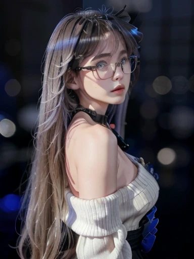 1 girl, 1, Extraordinary beauty、standing alone, long blonde hair, huge ass , gazing at viewer, silken blonde hair, bared shoulders, blue colored eyes claros e brilhantes, gem, whole body, necklase, Off The Shoulder, preto sweater, realisitic, sexy 8k、wearing glasses、Cheek Glow、Small face beauty、hair blue, blue colored eyes