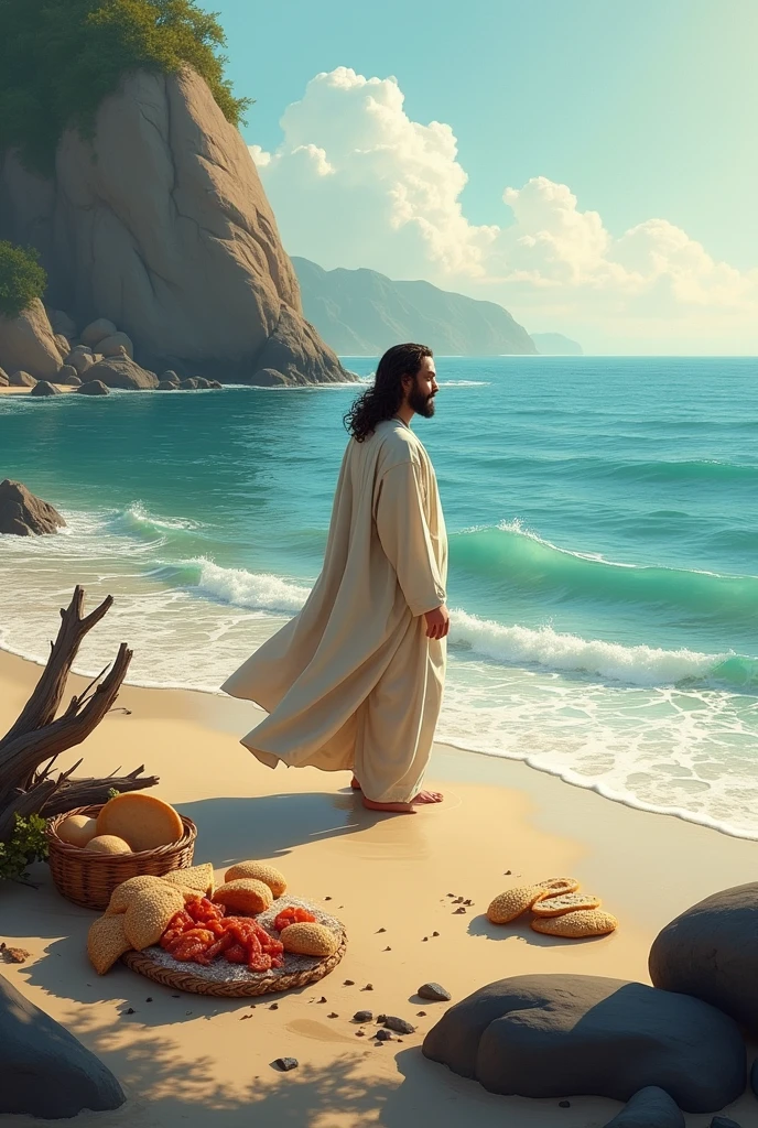 Jesus on the beach with bread, fish and coals, waiting for the disciples who were fishing in the deep sea