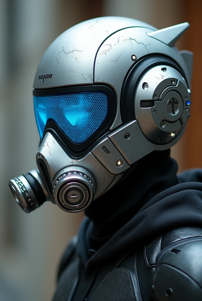 1 man, silver motorcycle helmet, snorkeling mask, portrait halfbody shoot. Silver two pipe tube from mouth to head. Future design.. high tech. Wear google safety eyes glowing blue. The tube connect from head to mouth. Future headphone design blue led light detail. Starlord helmet design concepts. Very detail . High tech costume. Marvel. T shape on the helmet. Small scratches on the helmet. The blue visor honeycomb style concept. T shape spoiler antenna on the helmet, nose and mouth covered by mask metal. Wear cyberpunk hoodie.