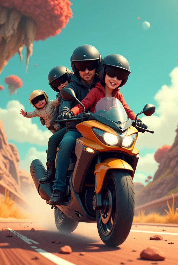 CREATE AN IMAGE OF A TK SX2 MOTORCYCLE WITH 3 PEOPLE ON THE MOTORCYCLE, A MAN, A WOMAN AND A BABY, ALL WITH BLACK HELMETS WITH BLACK VISORS. THE MOTORCYCLE IS A TUKO TK SX2, but the photo is animated.
