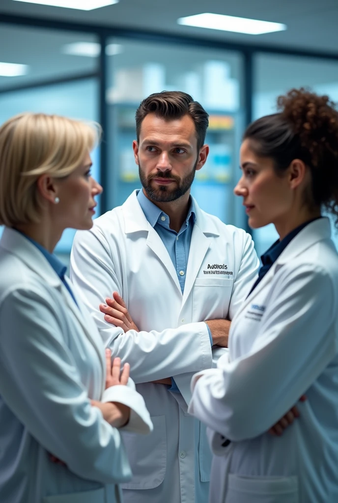 Three people are in the lab standing, all are wearing lab coats that is written Novonesis. One of them is early 60s woman, blonde short size hair and she is the auditor, holding documents in her hand. One auditee is at early white 30s man handsome with dark hair, beard and blue eyes, other auditte is middle early 40s white woman with mid sized dark curly hair, hair not binded. All three's faces are visible and look real people from pictures. They are in a company called Novonesis. They are talking to each other not looking at the camera