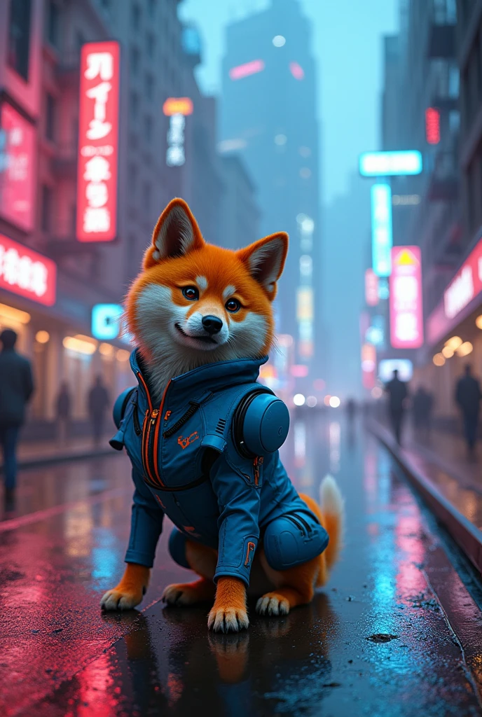 Doge charcher with blue orange bodikit in siberpunk city with neon lights and wet ground