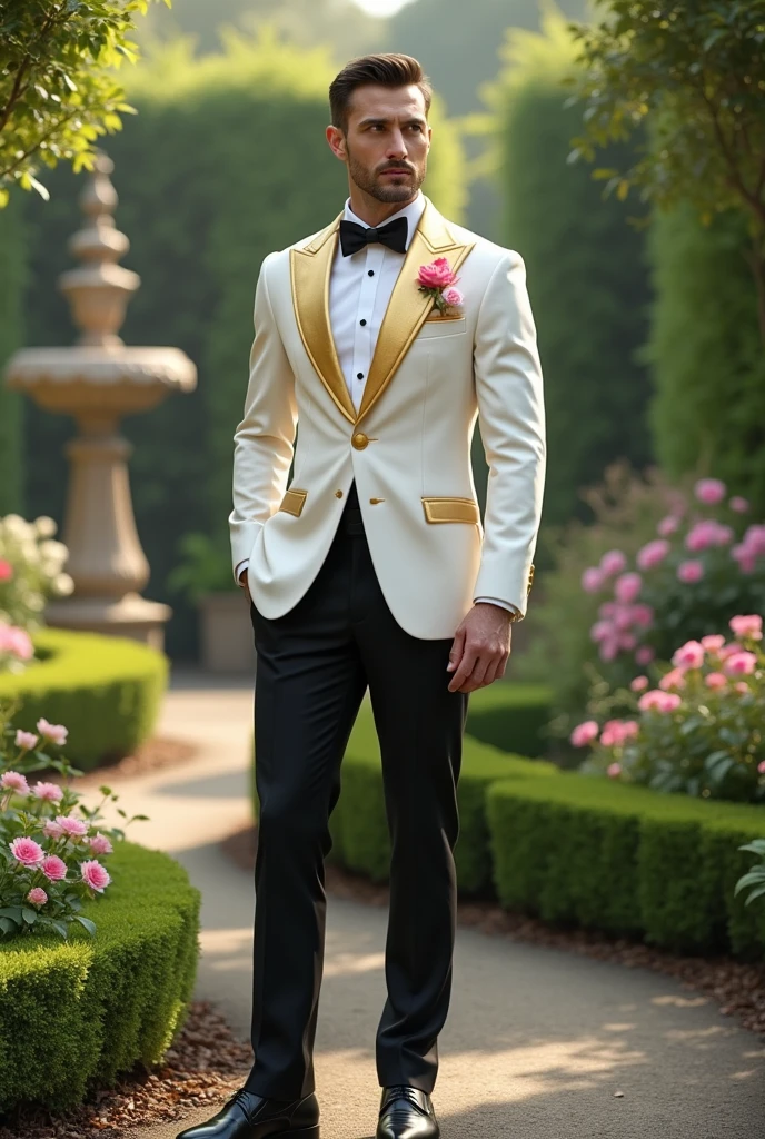A realistic Guy wearing white and gold tuxedo with pink rose in pocket and black pants with garden background