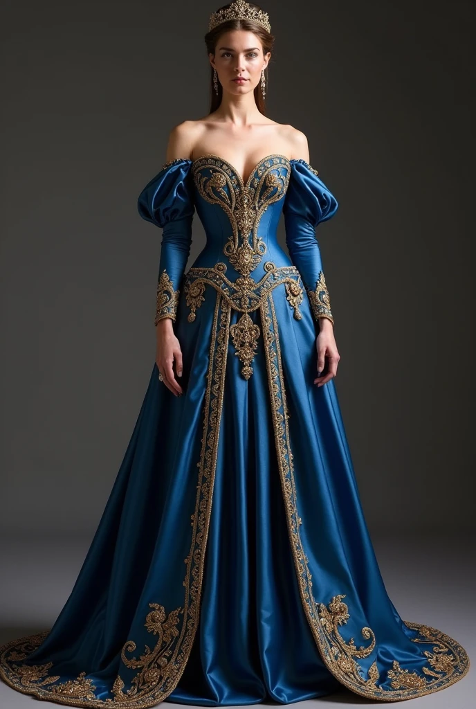 Blue imperial dress with gold details, heart cut, defined waist and fuller skirt 