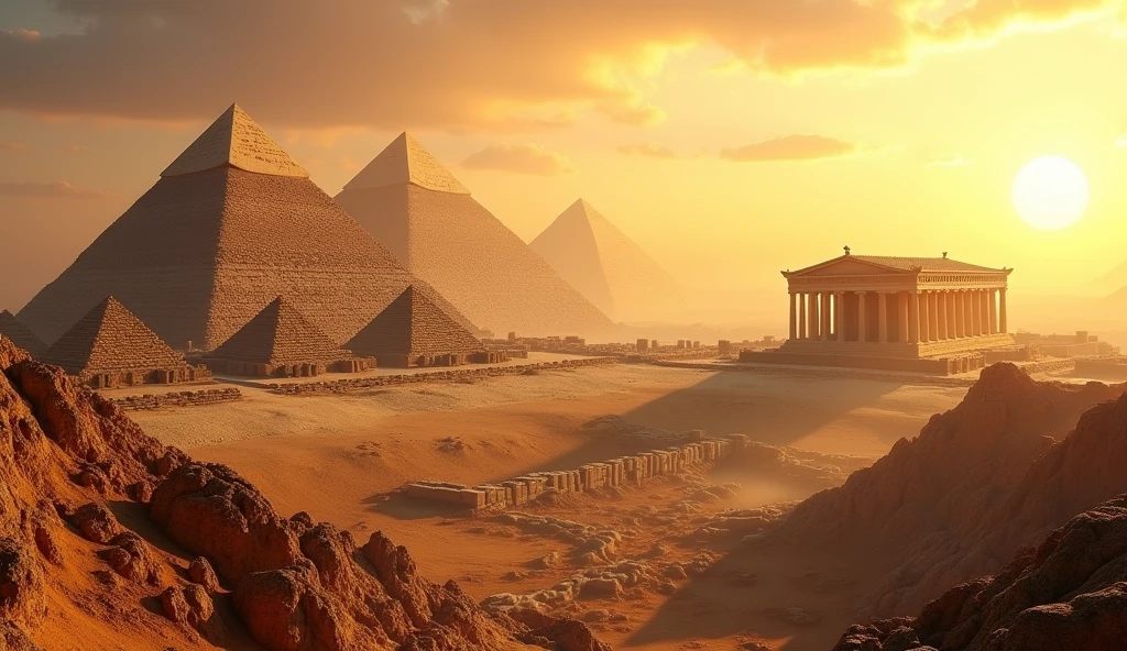  "A majestic view of ancient monuments from different cultures: the Pyramids, the Great Wall, and the Parthenon, each bathed in golden sunlight, symbolizing the grandeur of early human achievements."