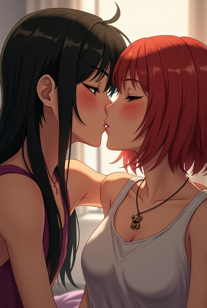 A boy swarm light, haircut very long and black hair, passionate kissing in the bed a girlfriend, a girl white, redhair and haircut very short, she used a neclake dog