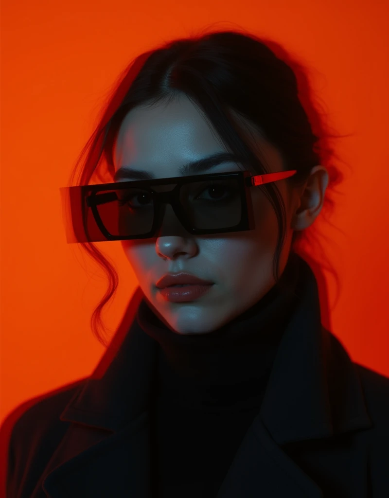 a side view portrait of a person with dark hair, wearing glasses and a high collared coat, vibrant orange background, dark tones, face partially obscured by blurred rectangular box, artistic touch, detailed face and eyes, realistic, masterpiece, 8k, ultra-detailed, cinematic lighting, dramatic color palette, chiaroscuro, moody atmosphere, more detail, enhanced, poakl.