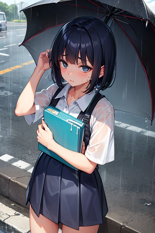 Junior high school student, wet uniform, indigo hair, short bob, taking shelter from the rain at a bus stop, heavy rain, no umbrella, troubled face