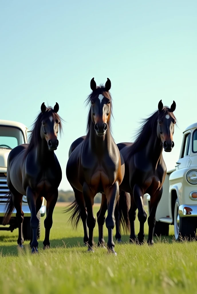 a batch of black Paso Fino horses and white pickup trucks
