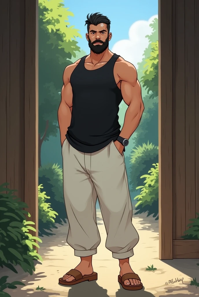 ( I want tabletop RPG style ) A 2 man with a medium beard and 1,65 tall, short hair and wearing a black tank top and white baggy pants and also wooden slippers similar to those of a ninja in Naruto, charismatic and defined, but not with much muscle, with a more charismatic and calm face, relaxed, hairless and I want some white streaks in my hair and beard