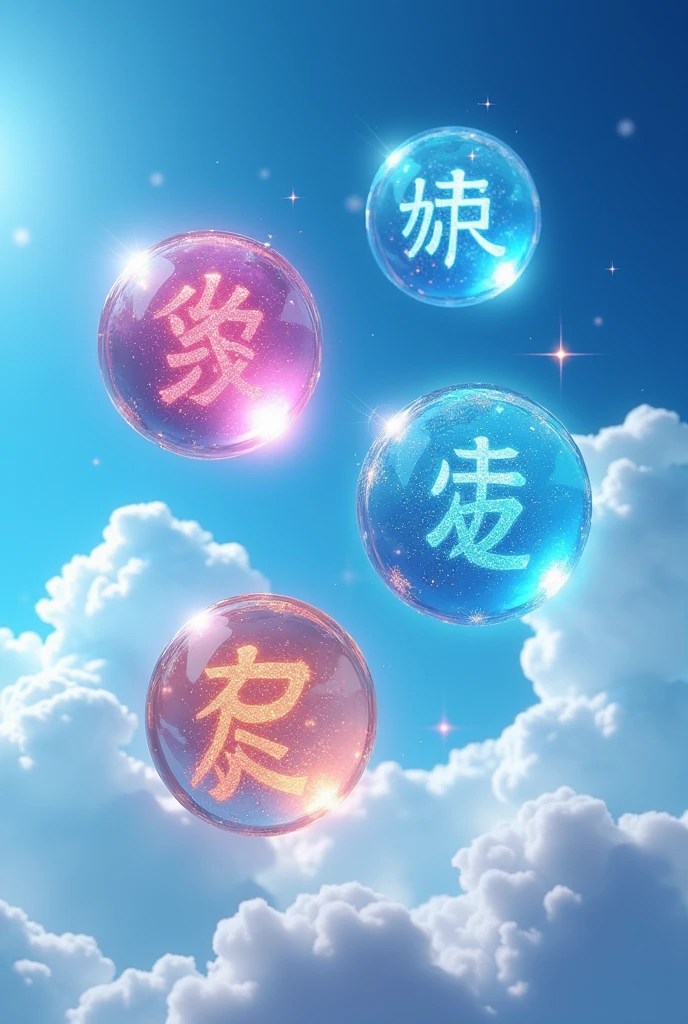 A clear blue sky with four floating crystal balls, each containing a kanji character representing an emotion: 喜 (joy), 怒 (anger), 哀 (sadness), and 楽 (fun). The 喜 ball glows with a bright yellow light. The 怒 ball pulses with fiery red energy. The 哀 ball shimmers with a soft, watery blue. The 楽 ball radiates a gentle pink aura. Each crystal ball is highly detailed and realistic, with intricate facets catching the light. The sky is vibrant blue, with a few wispy clouds adding depth.