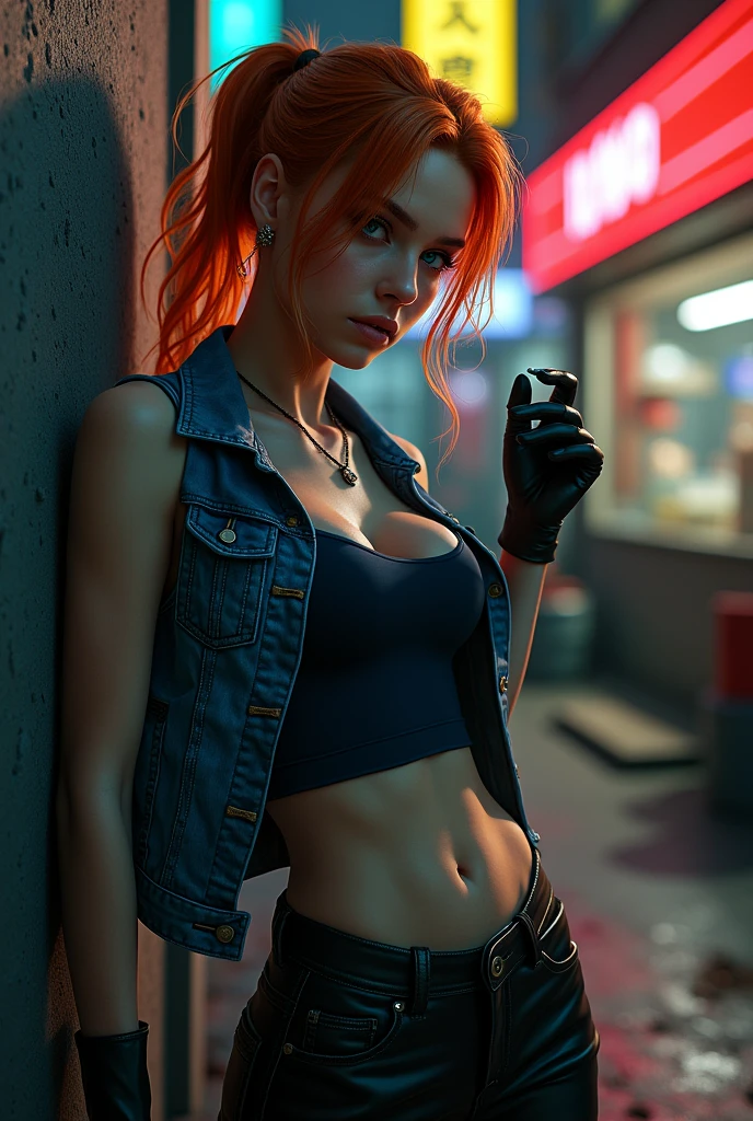 1girl, ginger hair, ponytail hairstyle, woman, blue eyes, wearing black denim vest, black gloves, medium size breasts, hourglass figure, navy blue tank top shirt, cleavage, alley, neon lighting, cyberpunk, food shop in background, leaning back against wall, cigarette in hand, stomach showing
