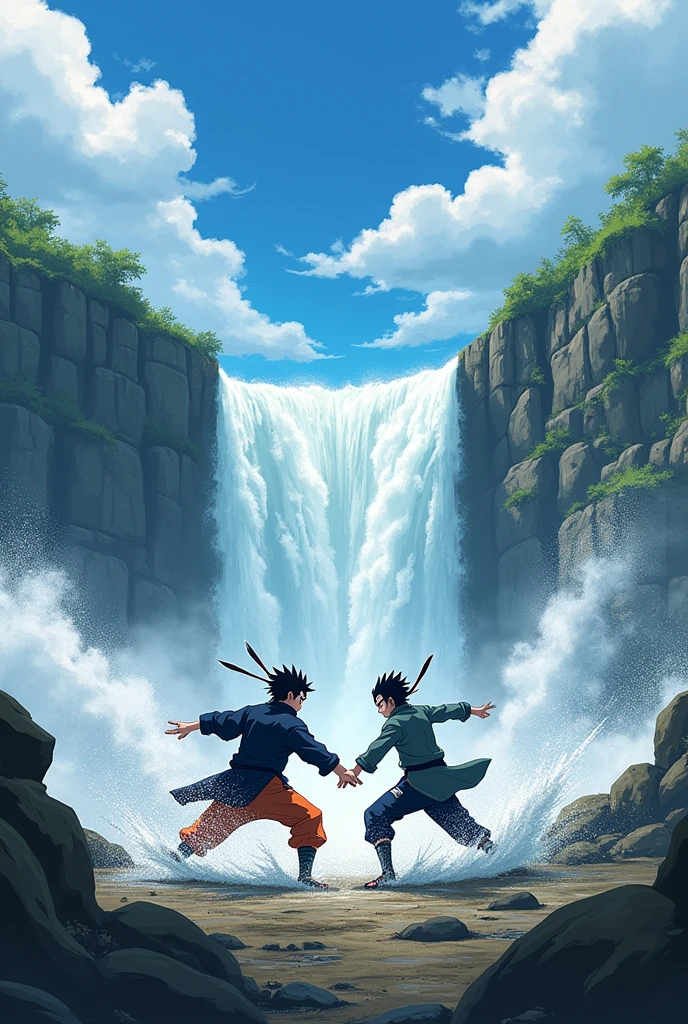 make naruto fighting sasuke on a waterfall with blue sky