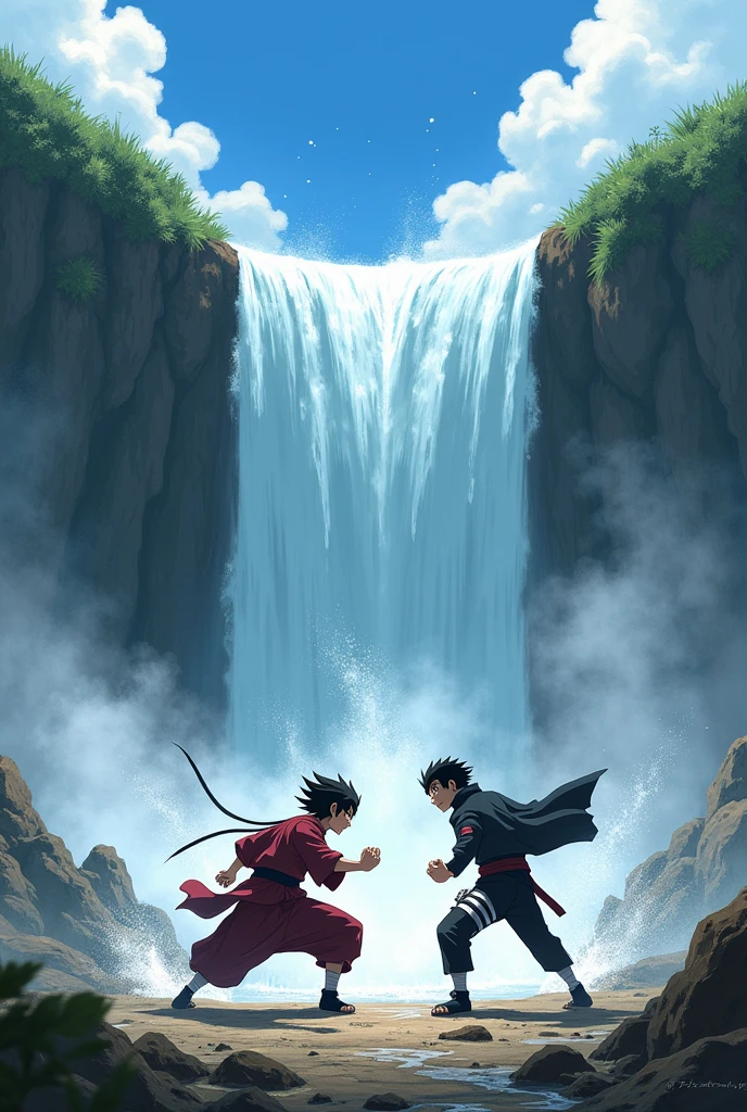make naruto fighting sasuke on a waterfall with blue sky 