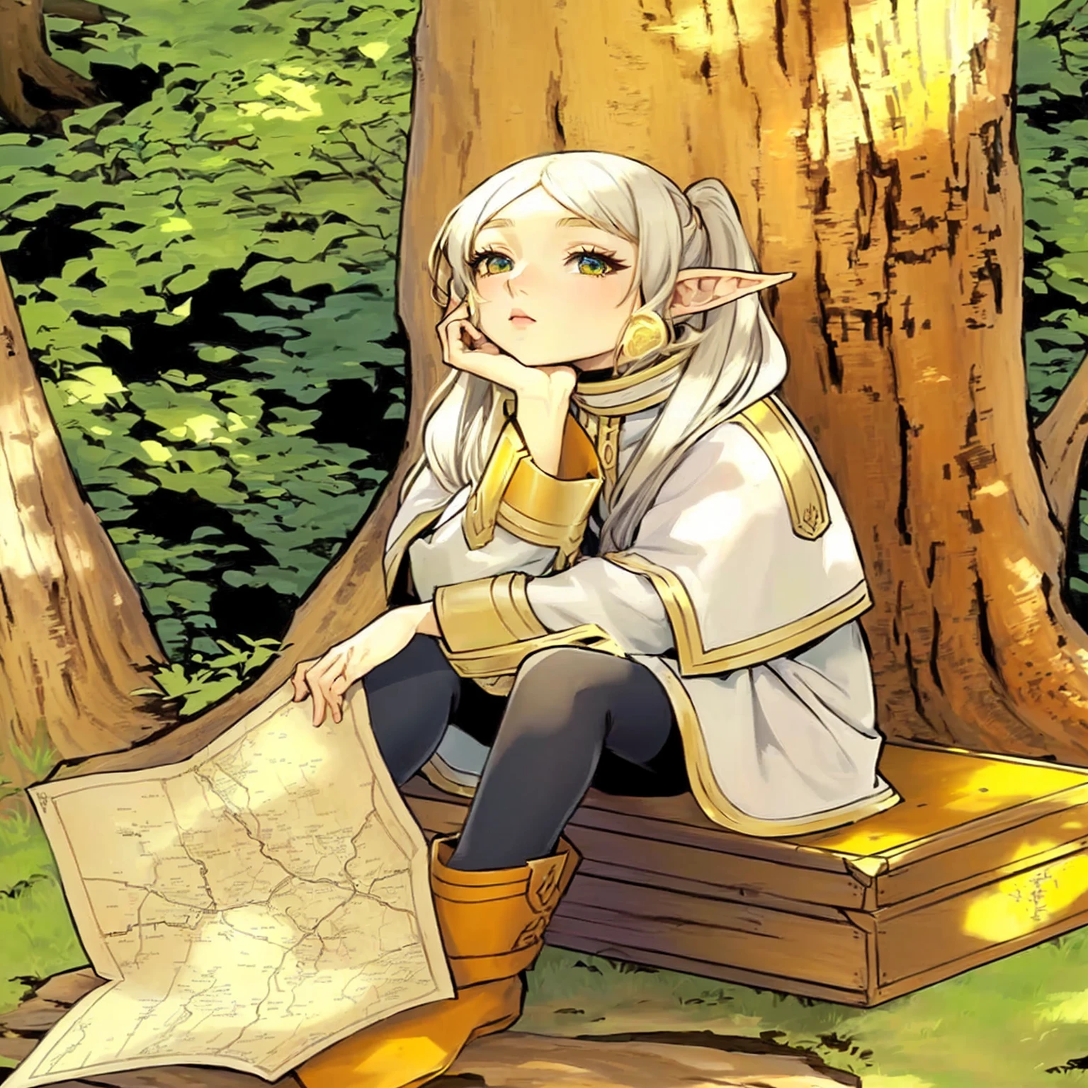 Woman sitting on a tree trunk holding a map in the forest, She has elven ears and golden eyes, Elf Girl, Official Art, alluring Elf Princess knight, Elf portrait, Vivid RPG Portraits, Elf Princess knight, beautiful wood elf, botw style, Color lineart, Elf Princess, a middle aged elf, Cute girl anime visuals