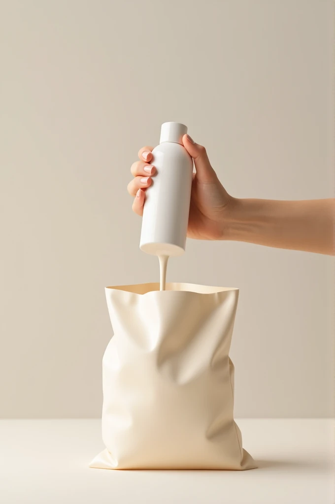 A hand putting shampoo into a bag