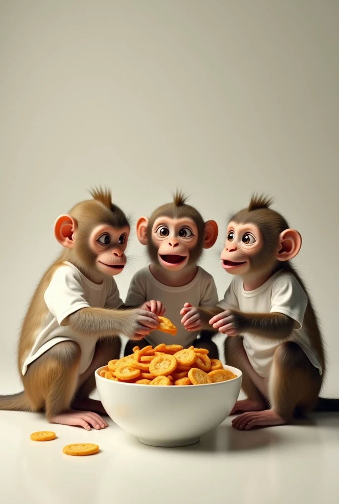 3/4 picture of monkeys having a snack wearing a plain white shirts
With a bowl of snacks in their front
