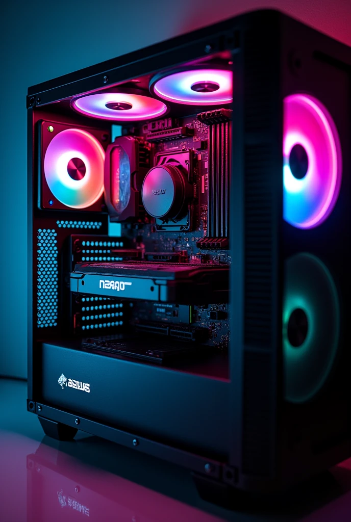 Create an image of a nzxt h5 flow case in black from the side. Inside the cabinet, you will install an asus tuf b550m motherboard, two rgb memories and a 4060 ti asus tuf video card horizontally. Follow the assembly pattern of a gaming computer by placing each part in its place and placing exactly the indicated parts., researching their model on the internet for better quality