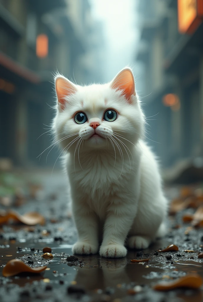 a white cat standing ,cute character,very cute and childlike,dystopia,scottish fold,awestriking