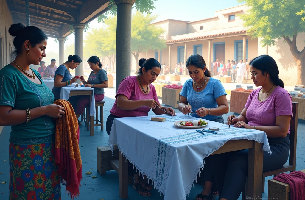 group of latin women sitting at a table weaving, another group of women sitting at another table embroidering and other women standing selling the embroidery and fabrics