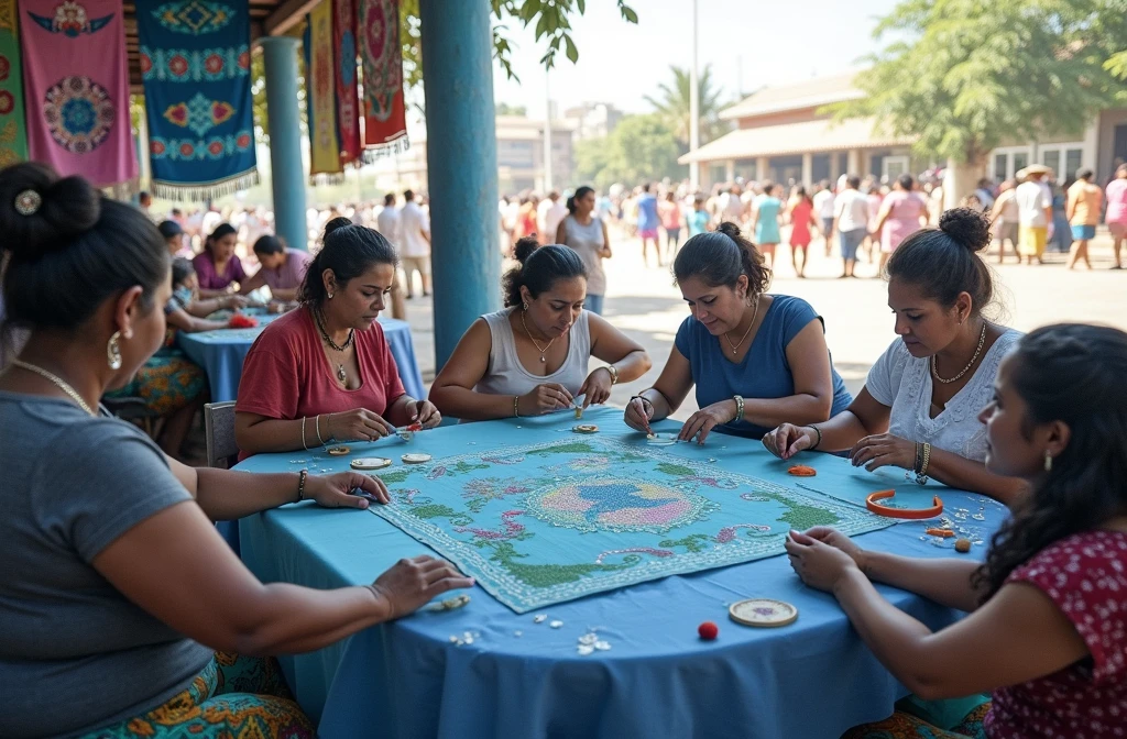 group of latin women sitting at a table weaving, another group of women sitting at another table embroidering and other women standing selling the embroidery and fabrics
