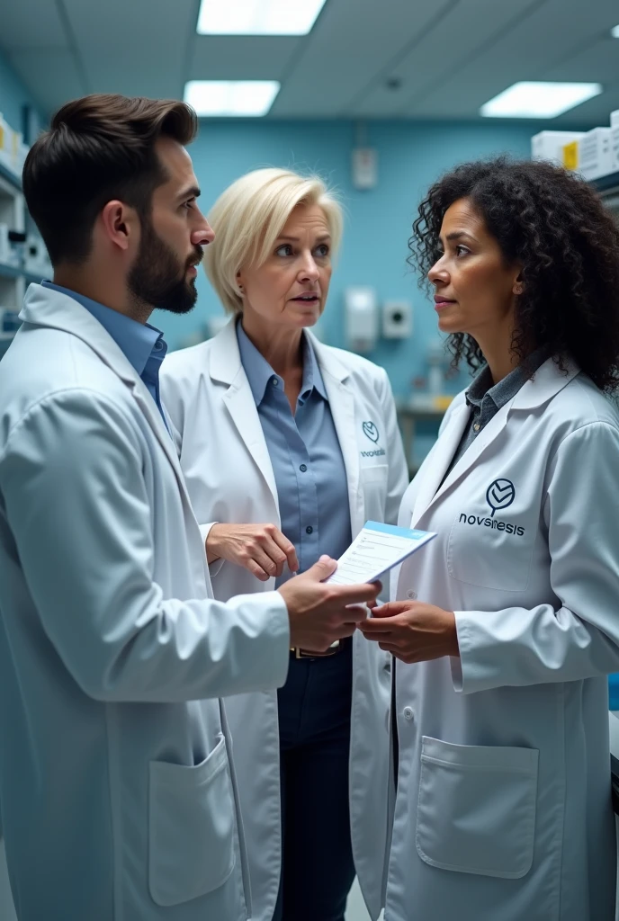 Three people are in the lab standing, all are wearing lab coats that is written Novonesis. One of them is early 60s woman, blonde short size hair and she is the auditor, holding documents, checklist in her hand. One auditee is at early white 30s man handsome with dark hair, beard and blue eyes, other auditte is middle early 40s white woman with mid sized dark curly hair, hair not binded. All three's faces are visible and look real people from pictures. They are in a company called Novonesis. They are talking to each other not looking at the camera